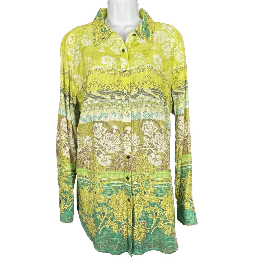 Sharon Young Womens XL Boho Chic Button Down Long Sleeve Chartreuse Green Shirt